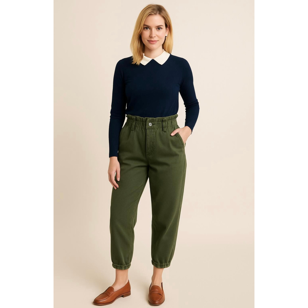 Women's Zara Green Cargo Pants Sz 2 Paperbag‎ High Waist Cropped Preppy Academia